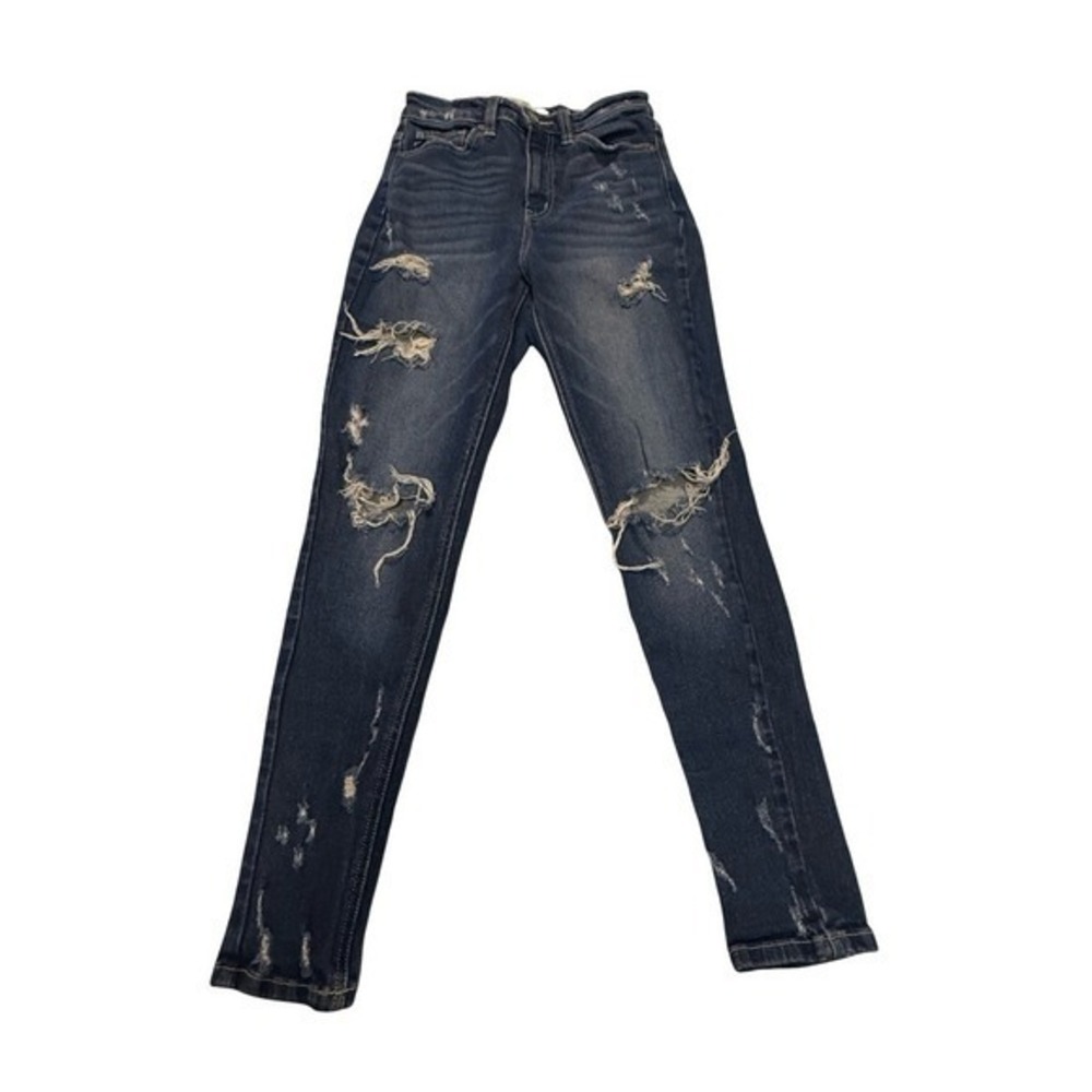 KanCan Distressed Skinny Jeans Women's 1/24 Mid Rise Ripped Dark Wash Denim